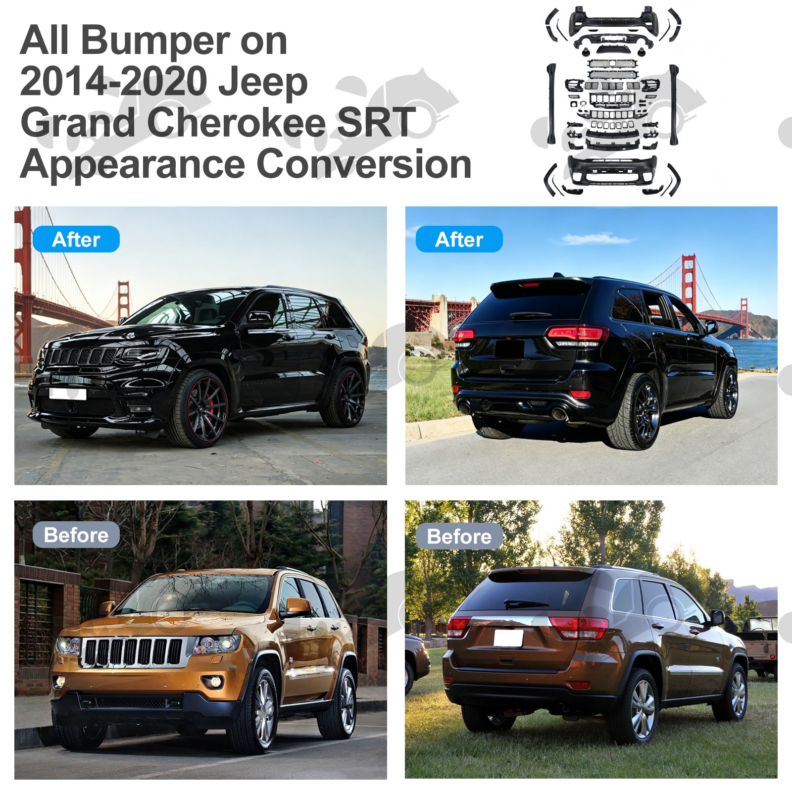 For Jeep Grand Cherokee 2011-2023 Upgrade to SRT-8 Body Kit with OEM Quality LED Headlight Bumper Grill Car Accessories Hood Wide Body kit