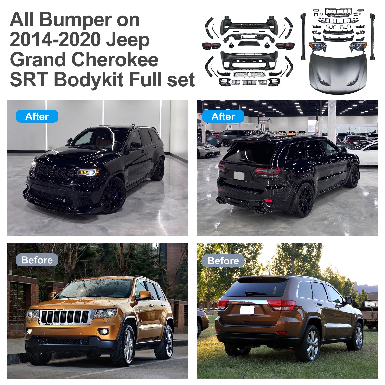 For Jeep Grand Cherokee 2011-2023 Upgrade to SRT-8 Body Kit with OEM Quality LED Headlight Bumper Grill Car Accessories Hood Wide Body kit